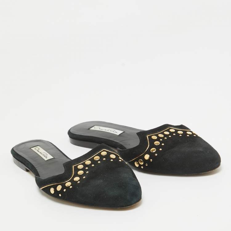 Pre Owned Oscar de la Renta Black Suede Studded Flat Mules Size 38