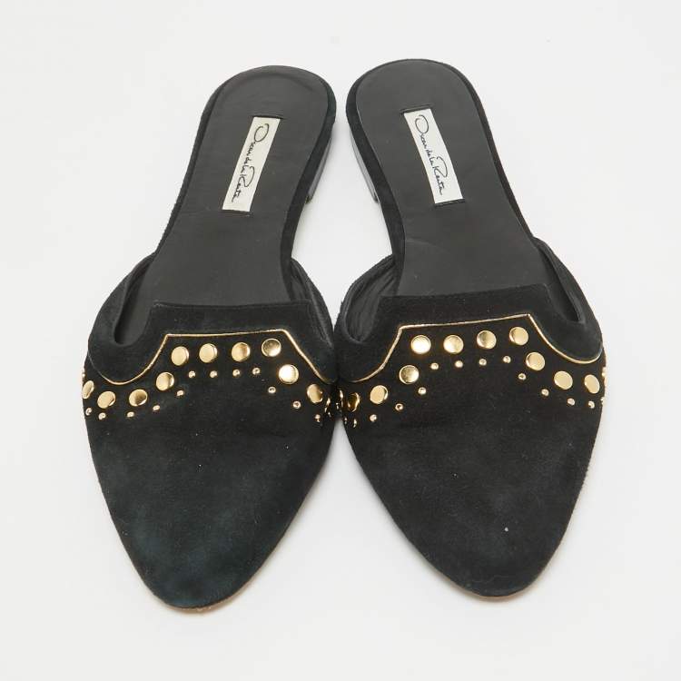 Pre Owned Oscar de la Renta Black Suede Studded Flat Mules Size 38