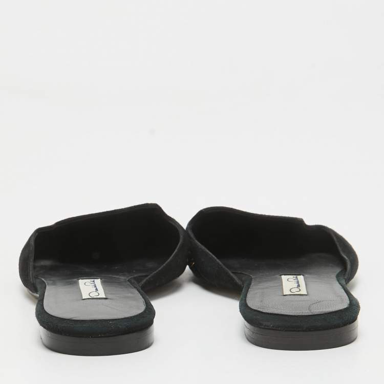 Pre Owned Oscar de la Renta Black Suede Studded Flat Mules Size 38