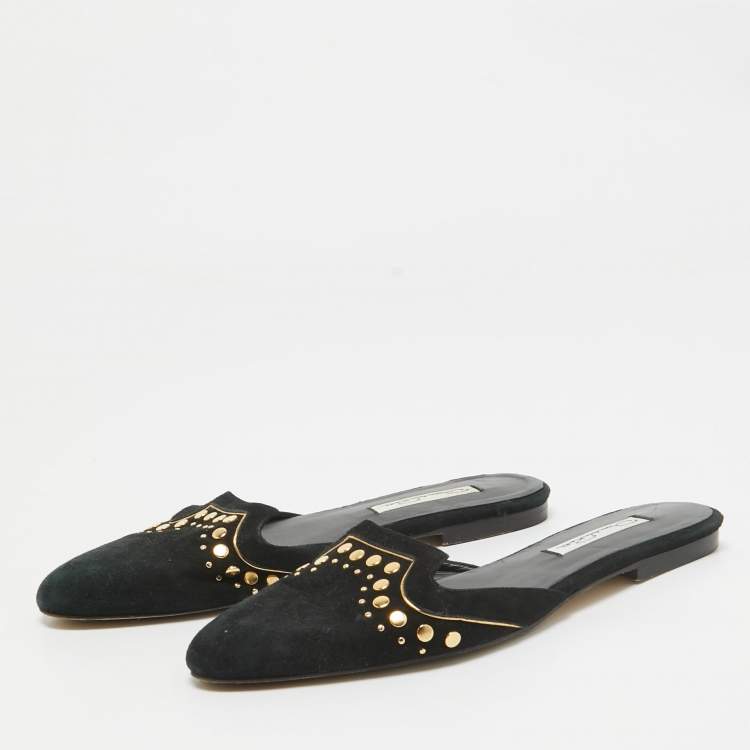 Pre Owned Oscar de la Renta Black Suede Studded Flat Mules Size 38
