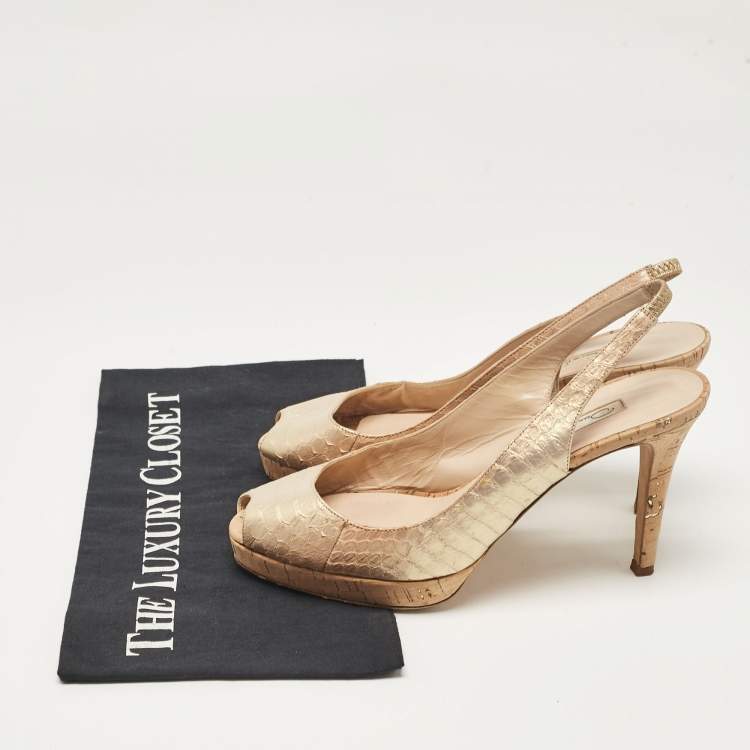 Pre Owned Oscar de la Renta Gold Python Embossed Leather Peep Toe Pumps Size 38