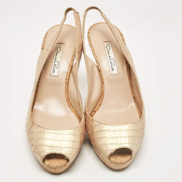 Pre Owned Oscar de la Renta Gold Python Embossed Leather Peep Toe Pumps Size 38