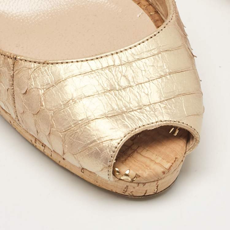 Pre Owned Oscar de la Renta Gold Python Embossed Leather Peep Toe Pumps Size 38