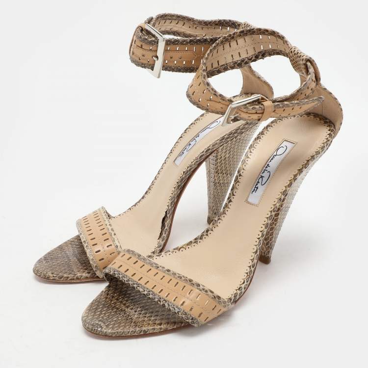 Pre Owned Oscar de la Renta Beige/Brown Snakeskin Ankle Strap Sandals Size 37.5