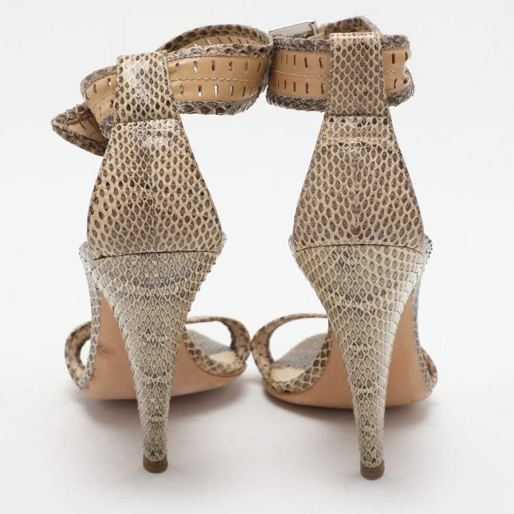 Pre Owned Oscar de la Renta Beige/Brown Snakeskin Ankle Strap Sandals Size 37.5