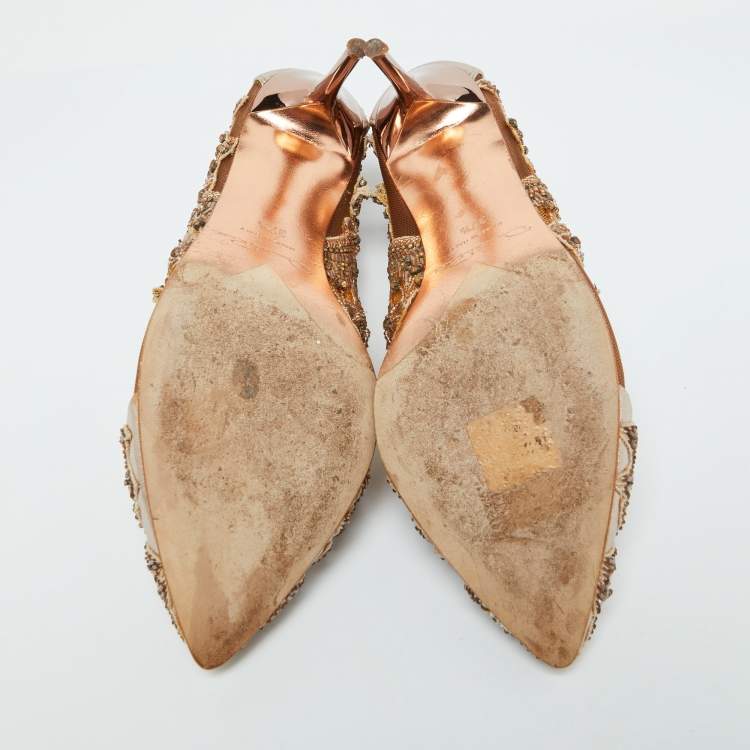 Pre Owned Oscar de la Renta Beige Leather and Mesh Embellished Alyssa Pumps Size 37.5