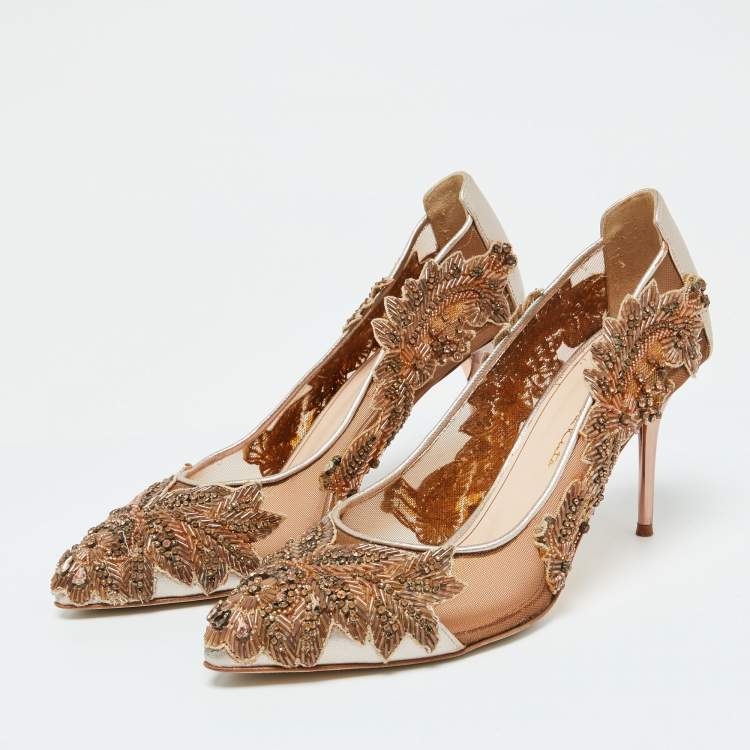 Pre Owned Oscar de la Renta Beige Leather and Mesh Embellished Alyssa Pumps Size 37.5