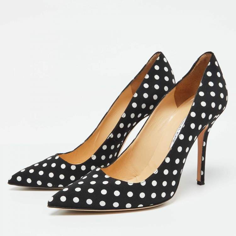 Pre Owned Oscar de la Renta Black/White Fabric Polka Dots Printed Pointed Toe Pumps Size 41
