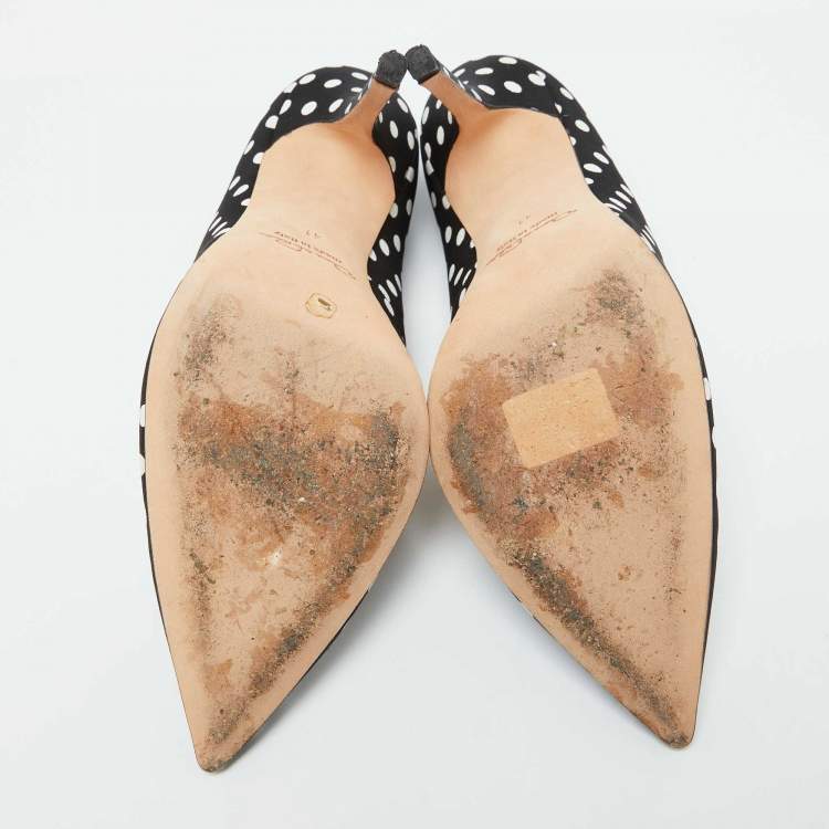 Pre Owned Oscar de la Renta Black/White Fabric Polka Dots Printed Pointed Toe Pumps Size 41