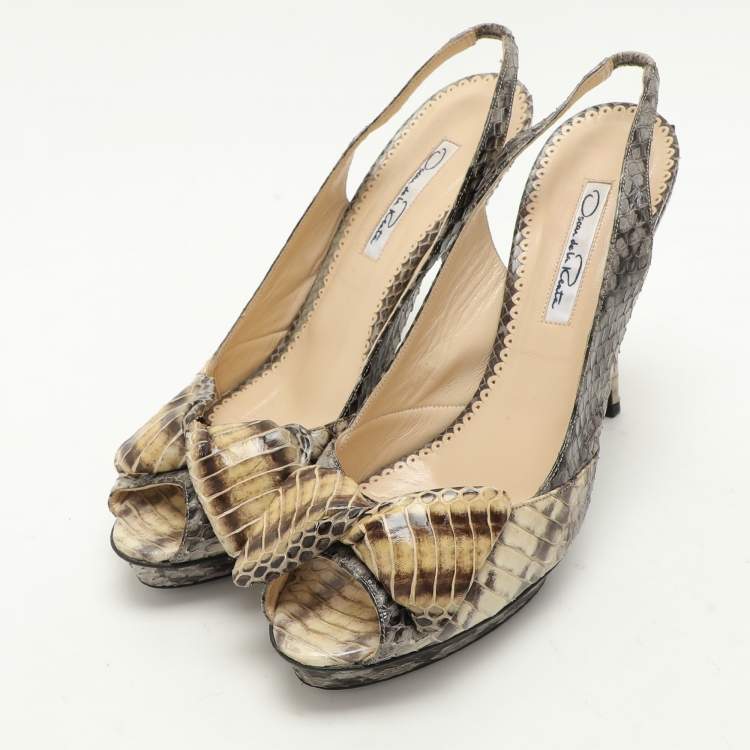 Pre Owned Oscar de la Renta Snakeskin Leather Slingback Bow Peep Toe Sandals 38.5