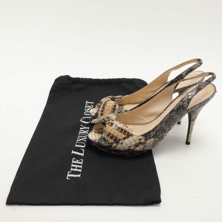 Pre Owned Oscar de la Renta Snakeskin Leather Slingback Bow Peep Toe Sandals 38.5
