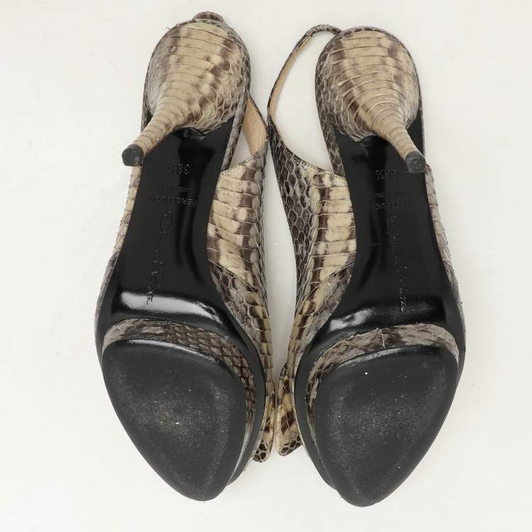 Pre Owned Oscar de la Renta Snakeskin Leather Slingback Bow Peep Toe Sandals 38.5