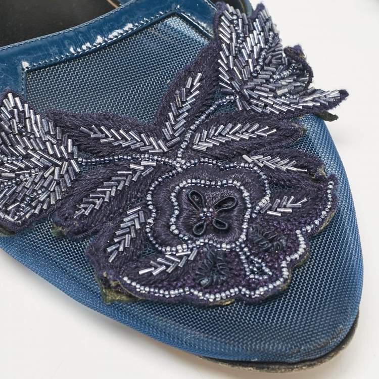 Pre Owned Oscar de la Renta Navy Blue Mesh Embellished Flat Mules Size 38