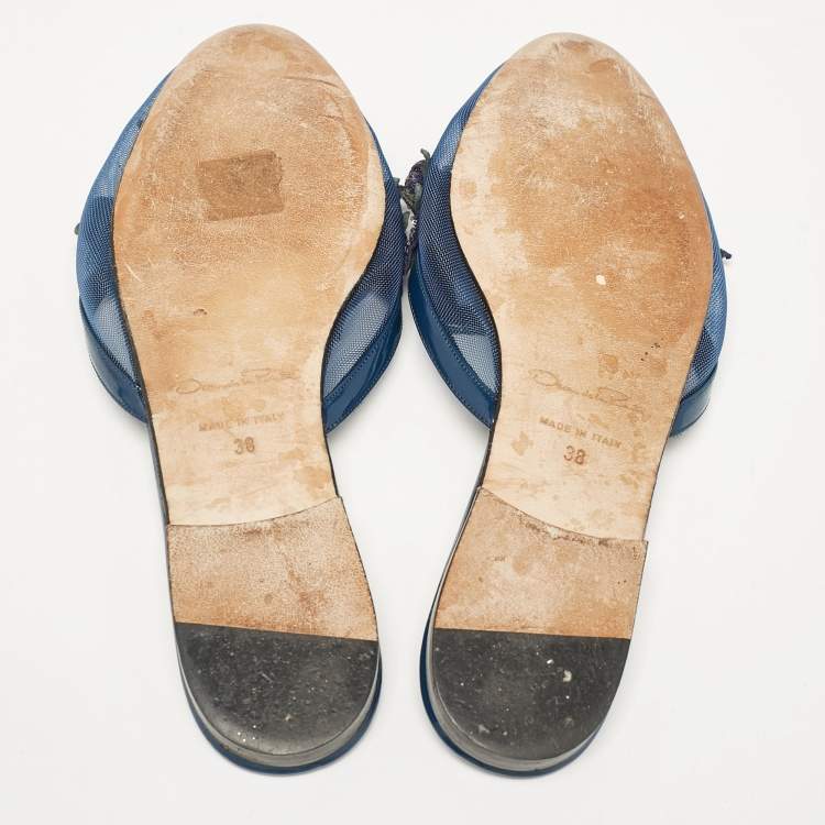 Pre Owned Oscar de la Renta Navy Blue Mesh Embellished Flat Mules Size 38