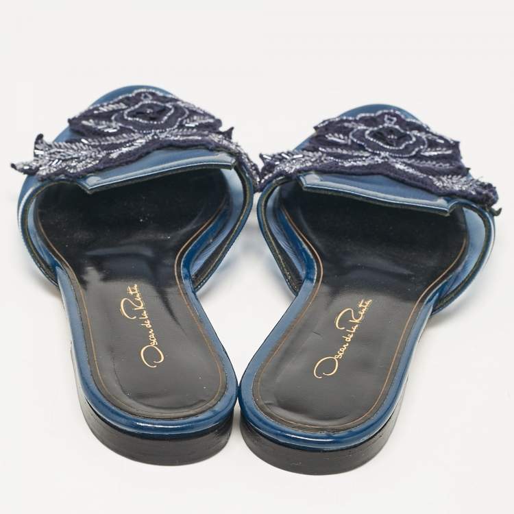 Pre Owned Oscar de la Renta Navy Blue Mesh Embellished Flat Mules Size 38