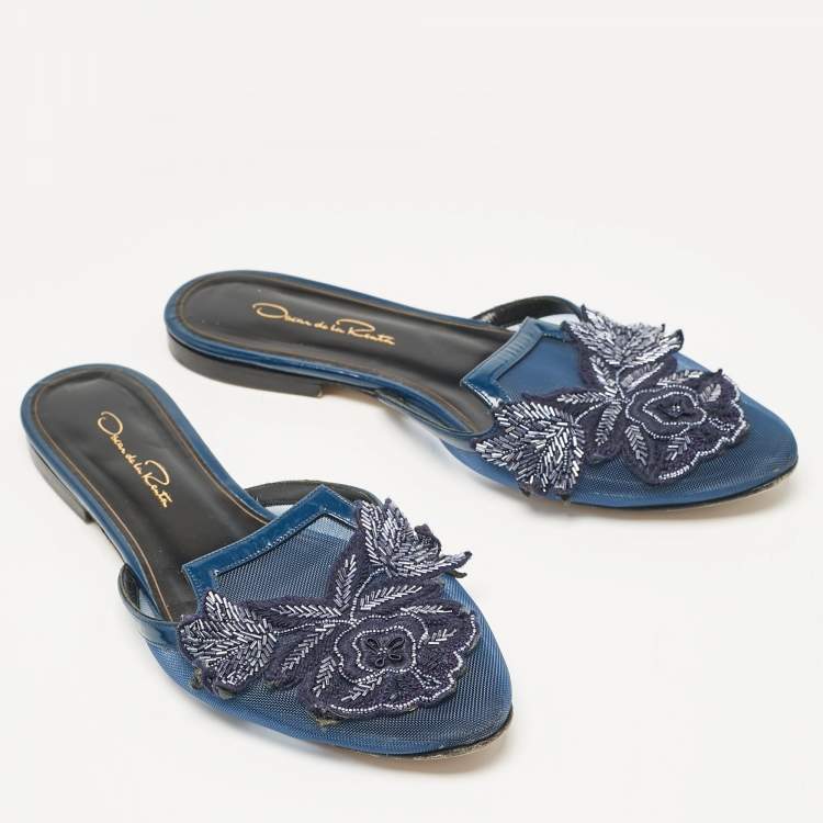 Pre Owned Oscar de la Renta Navy Blue Mesh Embellished Flat Mules Size 38