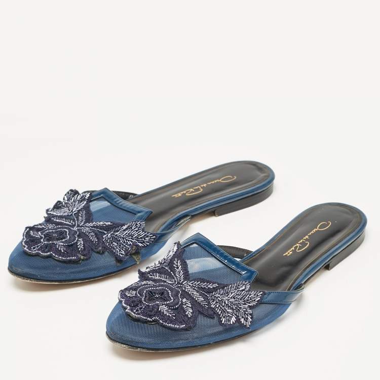 Pre Owned Oscar de la Renta Navy Blue Mesh Embellished Flat Mules Size 38