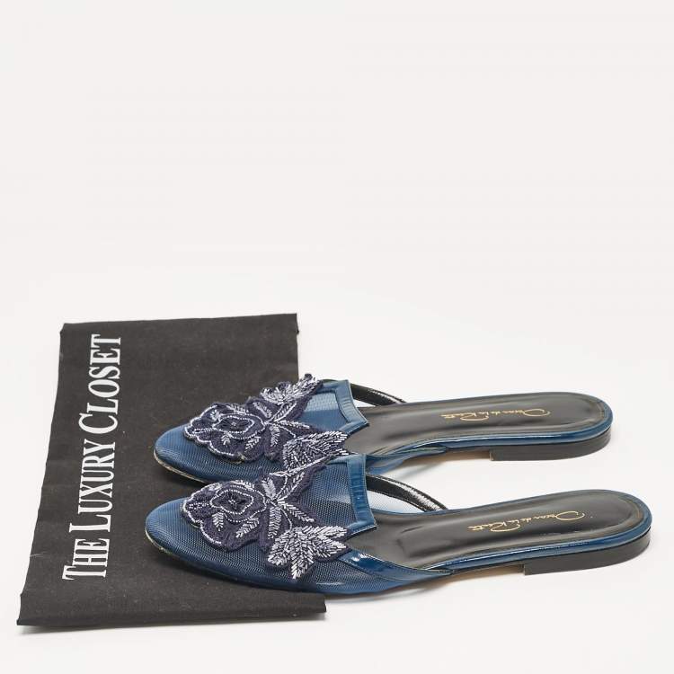 Pre Owned Oscar de la Renta Navy Blue Mesh Embellished Flat Mules Size 38