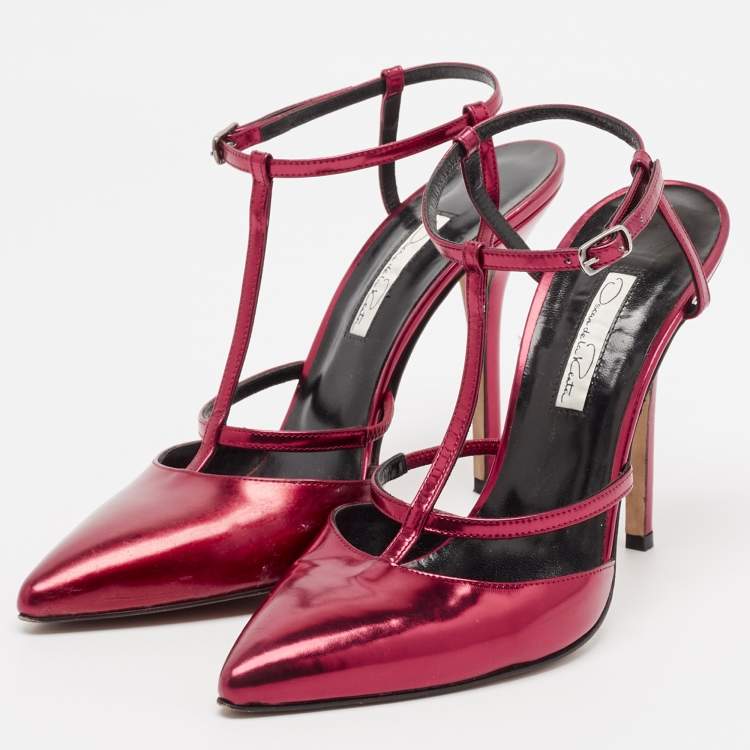 Pre Owned Oscar de la Renta Red Leather Pointed Toe Ankle Strap Pumps Size 38
