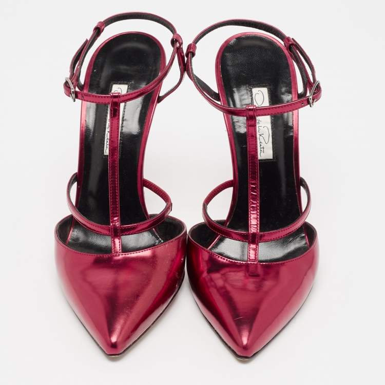 Pre Owned Oscar de la Renta Red Leather Pointed Toe Ankle Strap Pumps Size 38