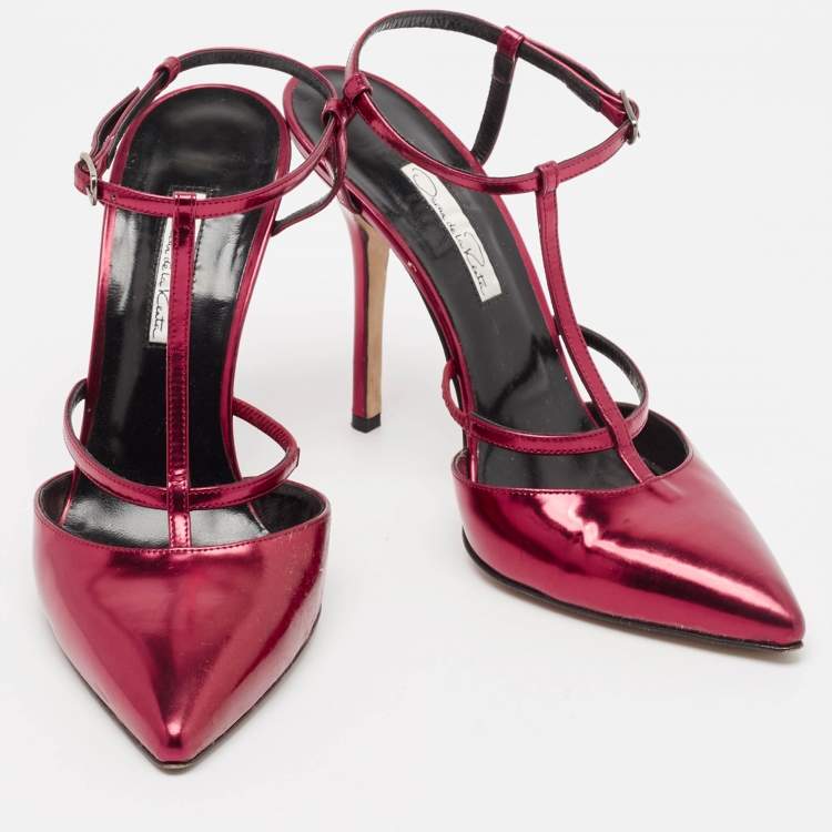 Pre Owned Oscar de la Renta Red Leather Pointed Toe Ankle Strap Pumps Size 38