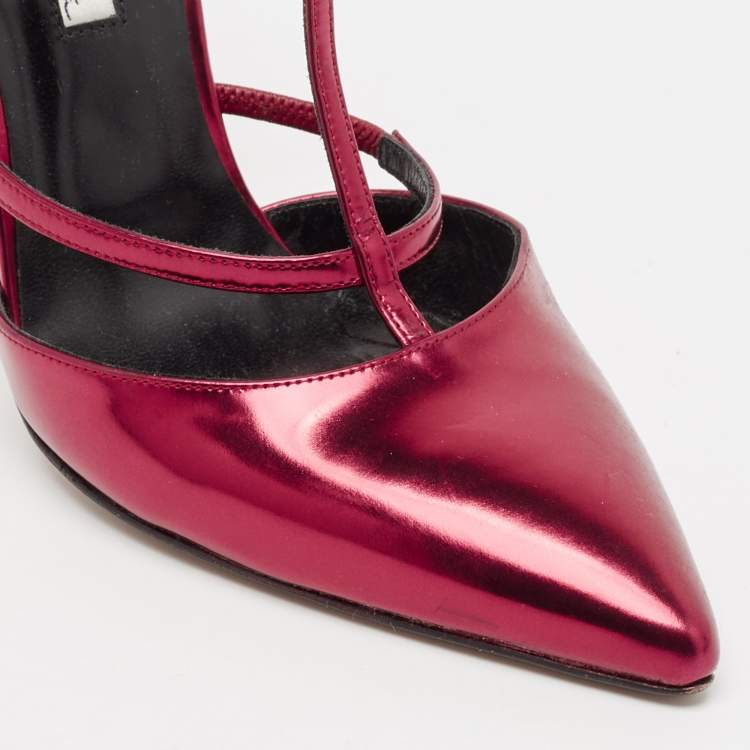 Pre Owned Oscar de la Renta Red Leather Pointed Toe Ankle Strap Pumps Size 38