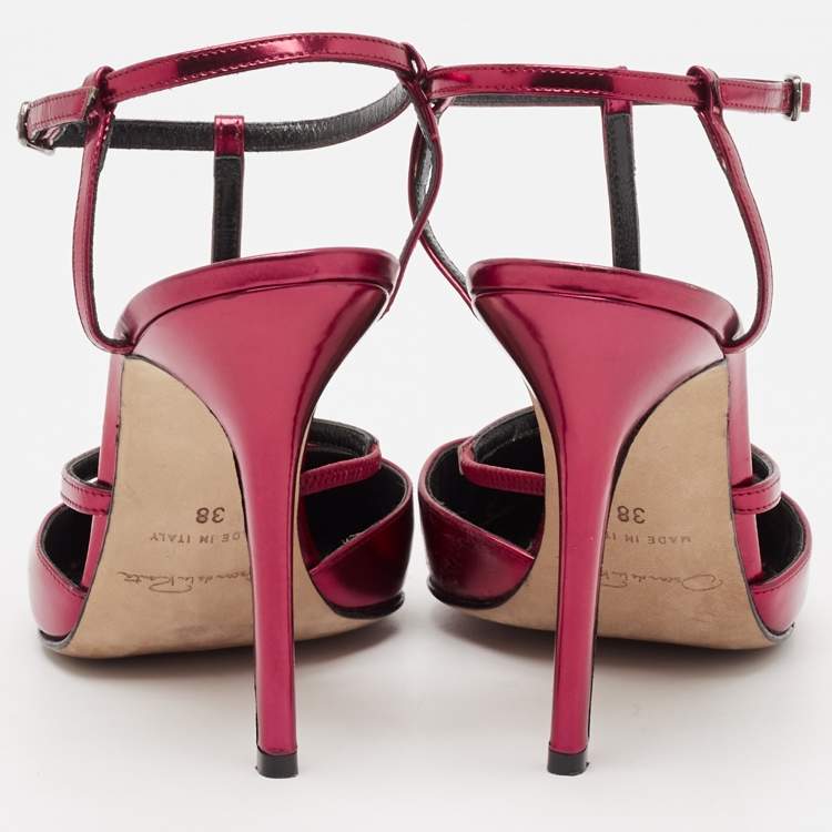 Pre Owned Oscar de la Renta Red Leather Pointed Toe Ankle Strap Pumps Size 38