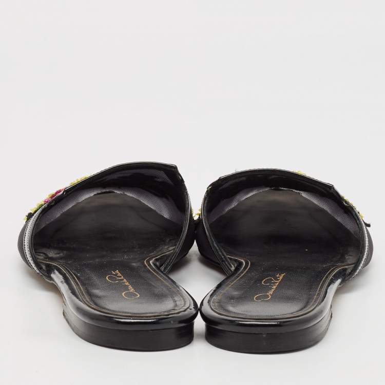 Pre Owned Oscar de la Renta Black Mesh And Patent Leather Embellished Flat Mules Size 41