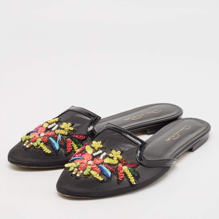 Pre Owned Oscar de la Renta Black Mesh And Patent Leather Embellished Flat Mules Size 41