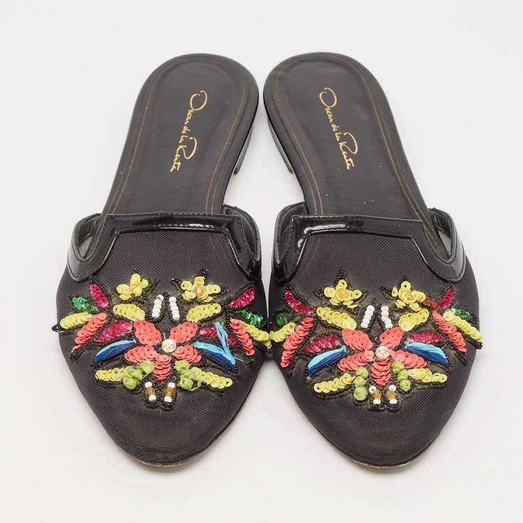 Pre Owned Oscar de la Renta Black Mesh And Patent Leather Embellished Flat Mules Size 41