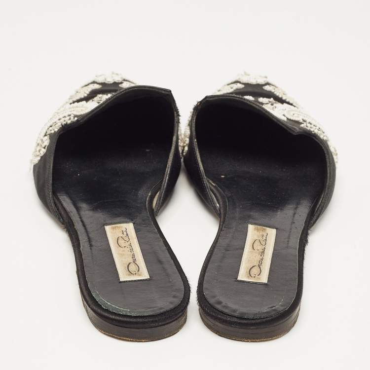 Pre Owned Oscar de la Renta Black Satin Embellished Flat Mule Size 39