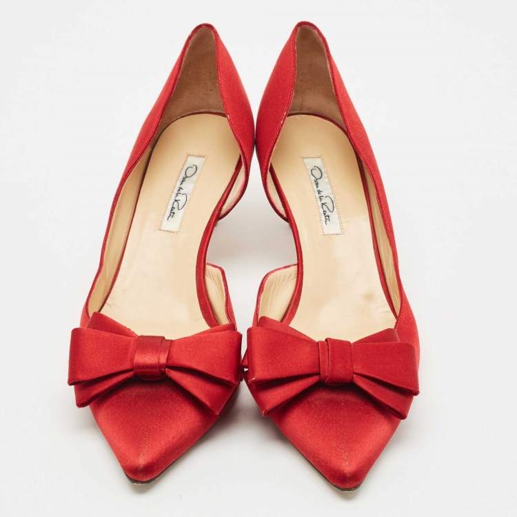 Pre Owned Oscar de la Renta Red Satin Pointed Toe Bow D'orsay Pumps Size 41
