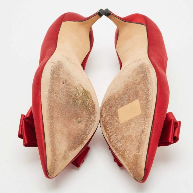 Pre Owned Oscar de la Renta Red Satin Pointed Toe Bow D'orsay Pumps Size 41