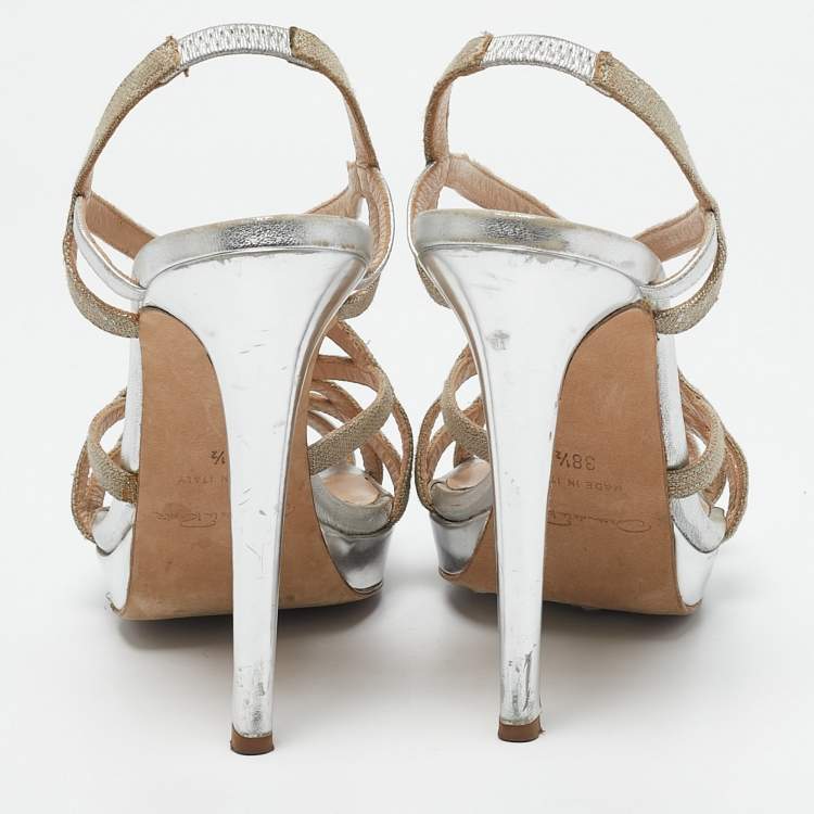 Pre Owned Oscar de la Renta Silver/Beige Leather and Canvas Platform Sandals Size 38.5