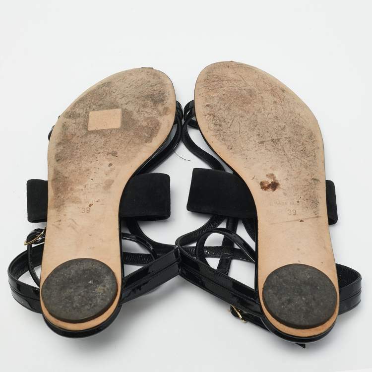 Pre Owned Oscar de la Renta Black Patent Leather and Suede Jenisa Ankle Strap Flats Size 39