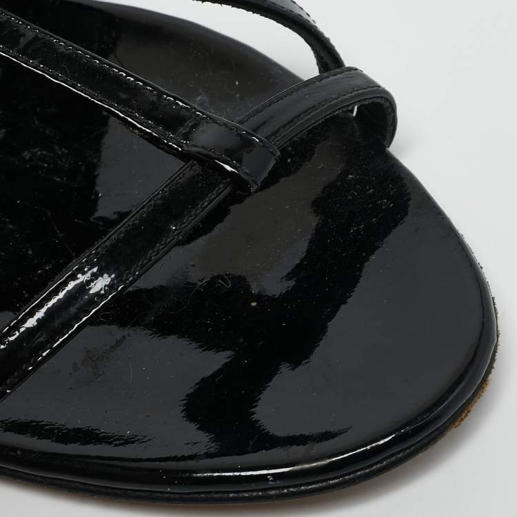 Pre Owned Oscar de la Renta Black Patent Leather and Suede Jenisa Ankle Strap Flats Size 39