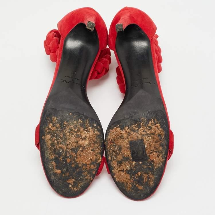 Pre Owned Oscar de la Renta Red Suede Braided Ankle Strap Sandals Size 41