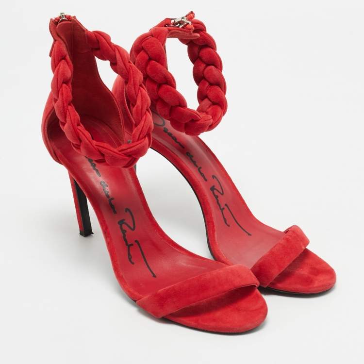 Pre Owned Oscar de la Renta Red Suede Braided Ankle Strap Sandals Size 41