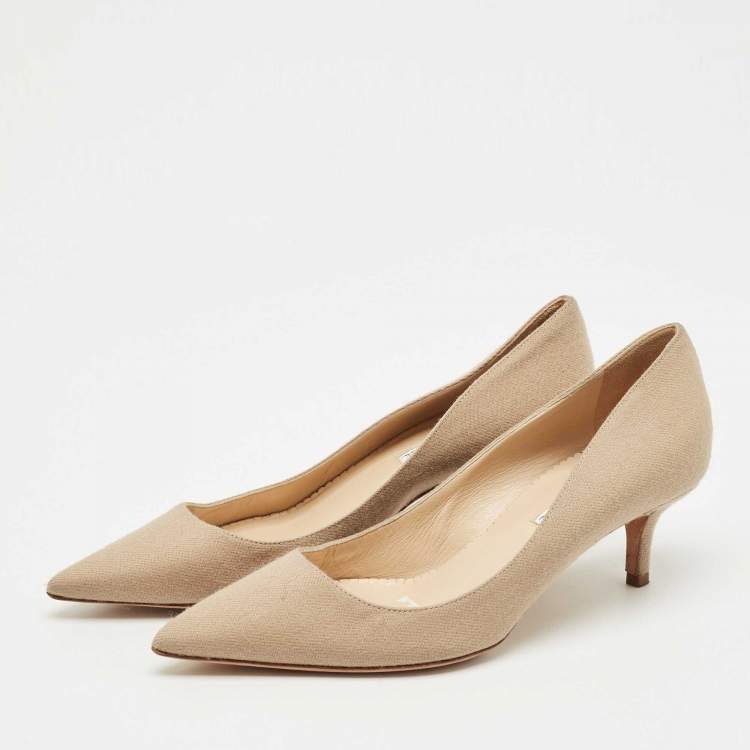 Pre Owned Oscar de la Renta Beige Canvas Pointed Toe Pumps Size 40