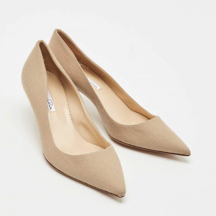 Pre Owned Oscar de la Renta Beige Canvas Pointed Toe Pumps Size 40