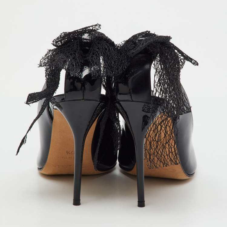 Pre Owned Oscar de la Renta Black Patent Leather Cut Out Bow Pumps Size 37.5
