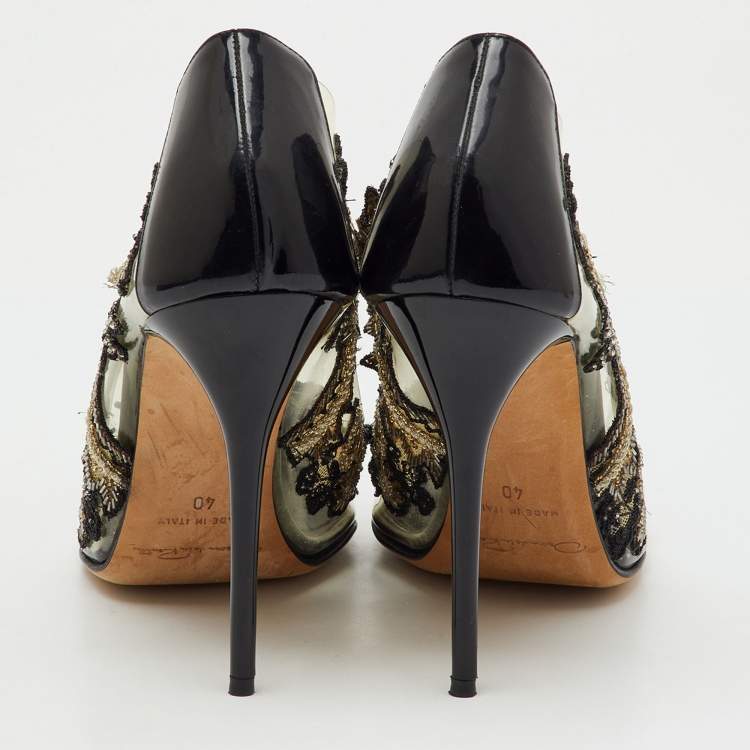 Pre Owned Oscar de la Renta Black Patent Leather and PVC Alyssa Embellished Pointed Toe Pumps Size 40