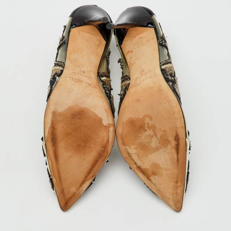 Pre Owned Oscar de la Renta Black Patent Leather and PVC Alyssa Embellished Pointed Toe Pumps Size 40