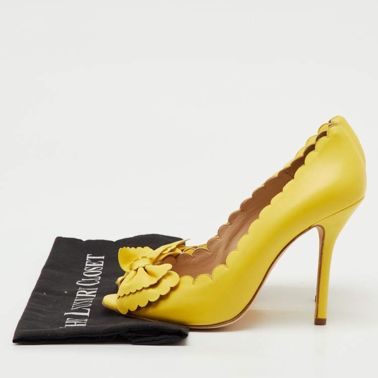 Pre Owned Oscar de la Renta Yellow Leather Scalloped Bow Detail Peep Toe Pumps Size 40.5