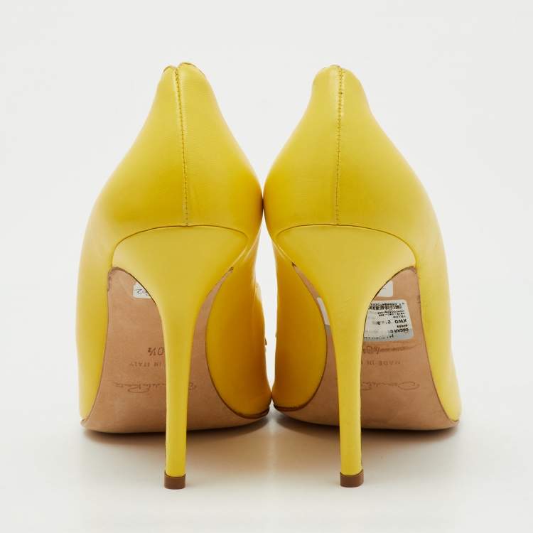 Pre Owned Oscar de la Renta Yellow Leather Scalloped Bow Detail Peep Toe Pumps Size 40.5