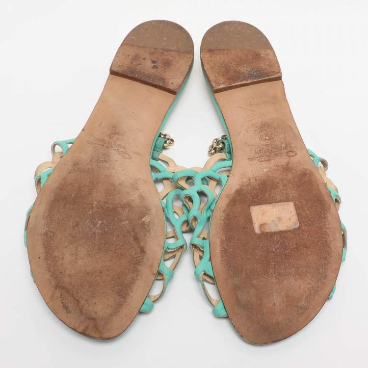 Pre Owned Oscar de la Renta Green Leather Begonia Chain Flats Size 39.5