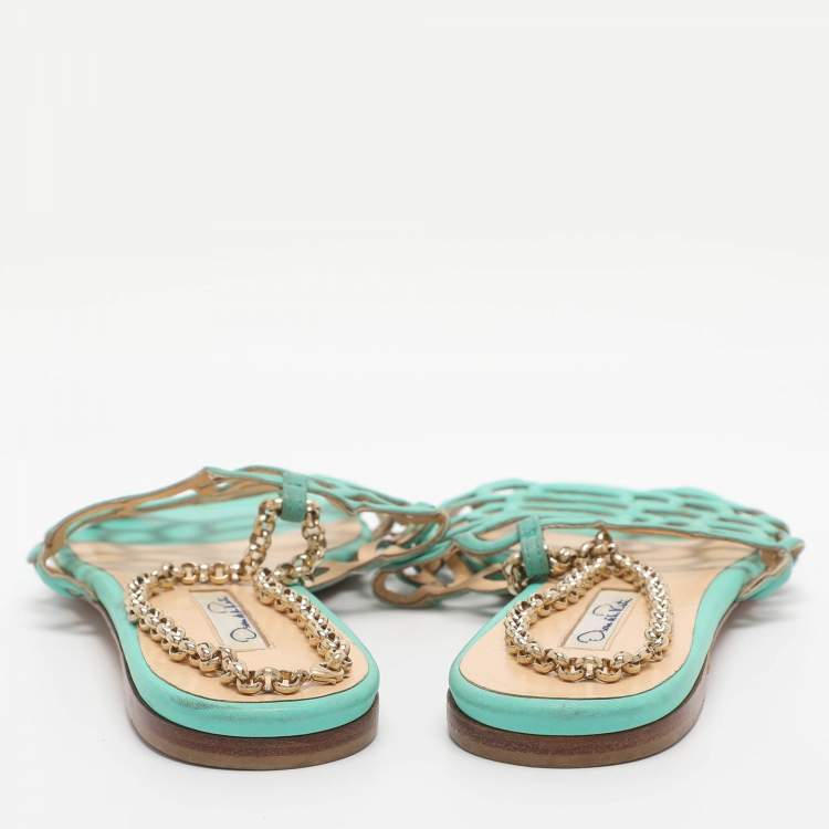 Pre Owned Oscar de la Renta Green Leather Begonia Chain Flats Size 39.5