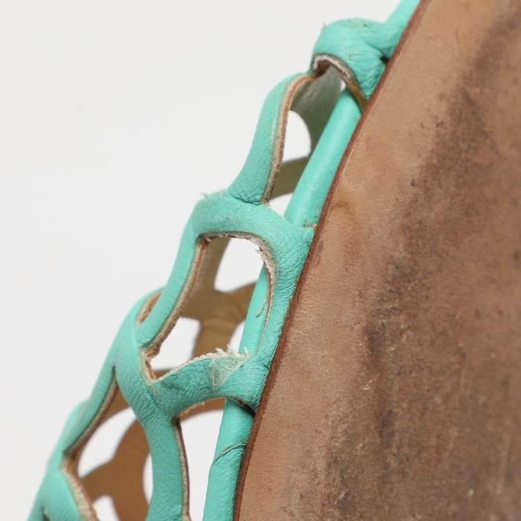 Pre Owned Oscar de la Renta Green Leather Begonia Chain Flats Size 39.5