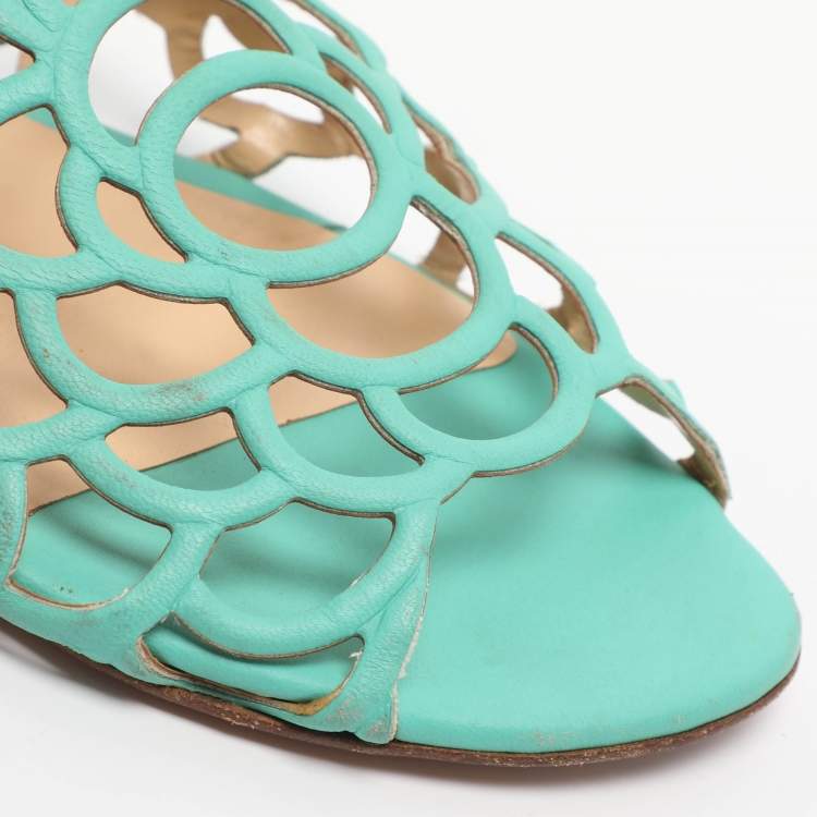 Pre Owned Oscar de la Renta Green Leather Begonia Chain Flats Size 39.5