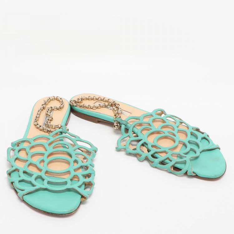 Pre Owned Oscar de la Renta Green Leather Begonia Chain Flats Size 39.5